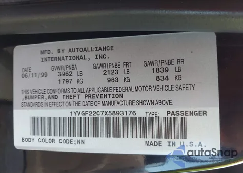 1999 Mazda 626 Es/Lx from USA, damaged, VIN 1YVGF22C7X5893176